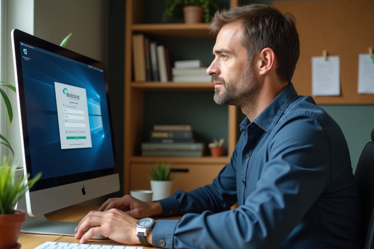 Homme travaillant depuis son bureau à domicile et accédant à un webmail sur un ordinateur de bureau