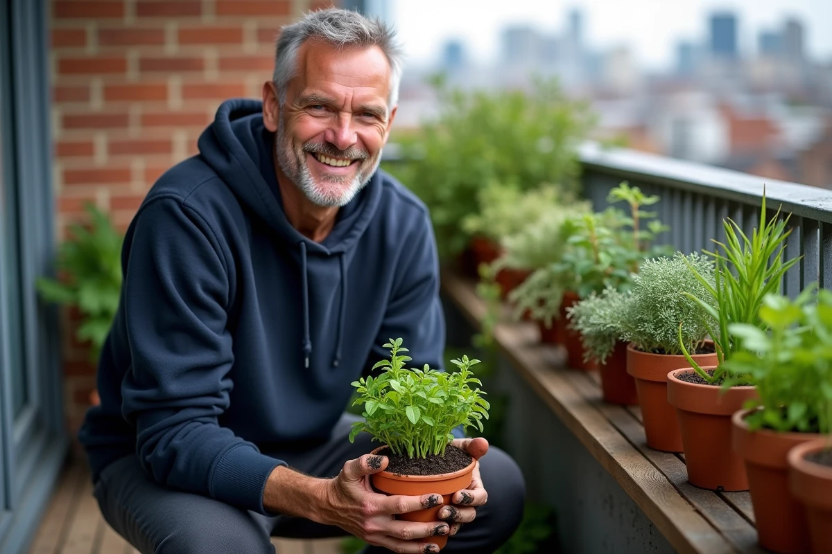 Homme jardant sur un balcon urbain en rempotant une plante, activité relaxante et divertissante pour profiter de son temps libre
