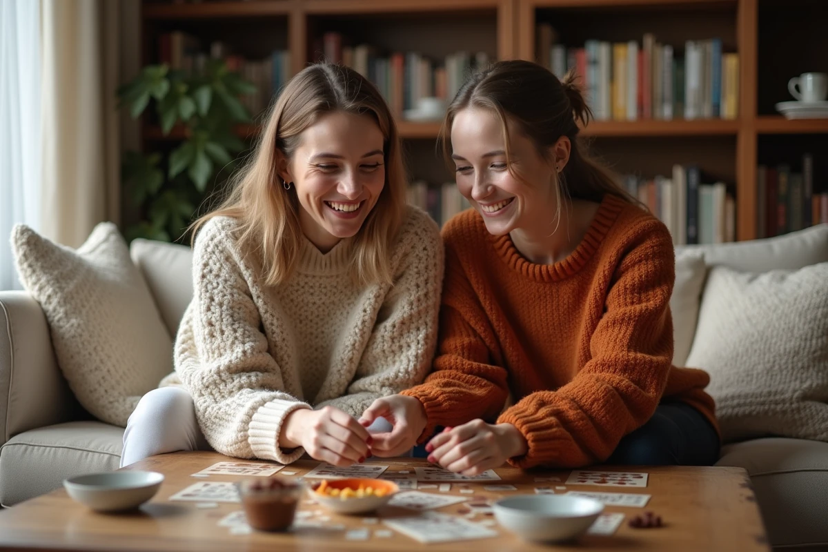 Deux amies jouant à un jeu de société dans un salon cosy, idée d'activité conviviale et amusante pour occuper son temps libre