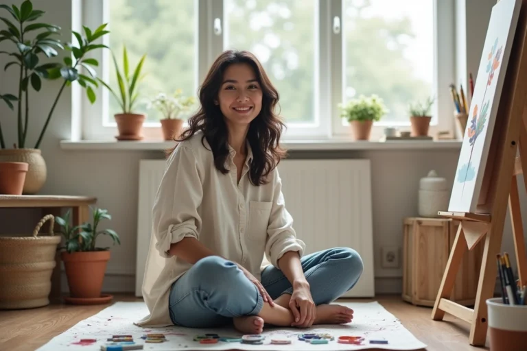 Femme peignant à l'aquarelle dans un atelier maison cosy, entourée de pinceaux et de toiles, idée d'activité créative pour le temps libre