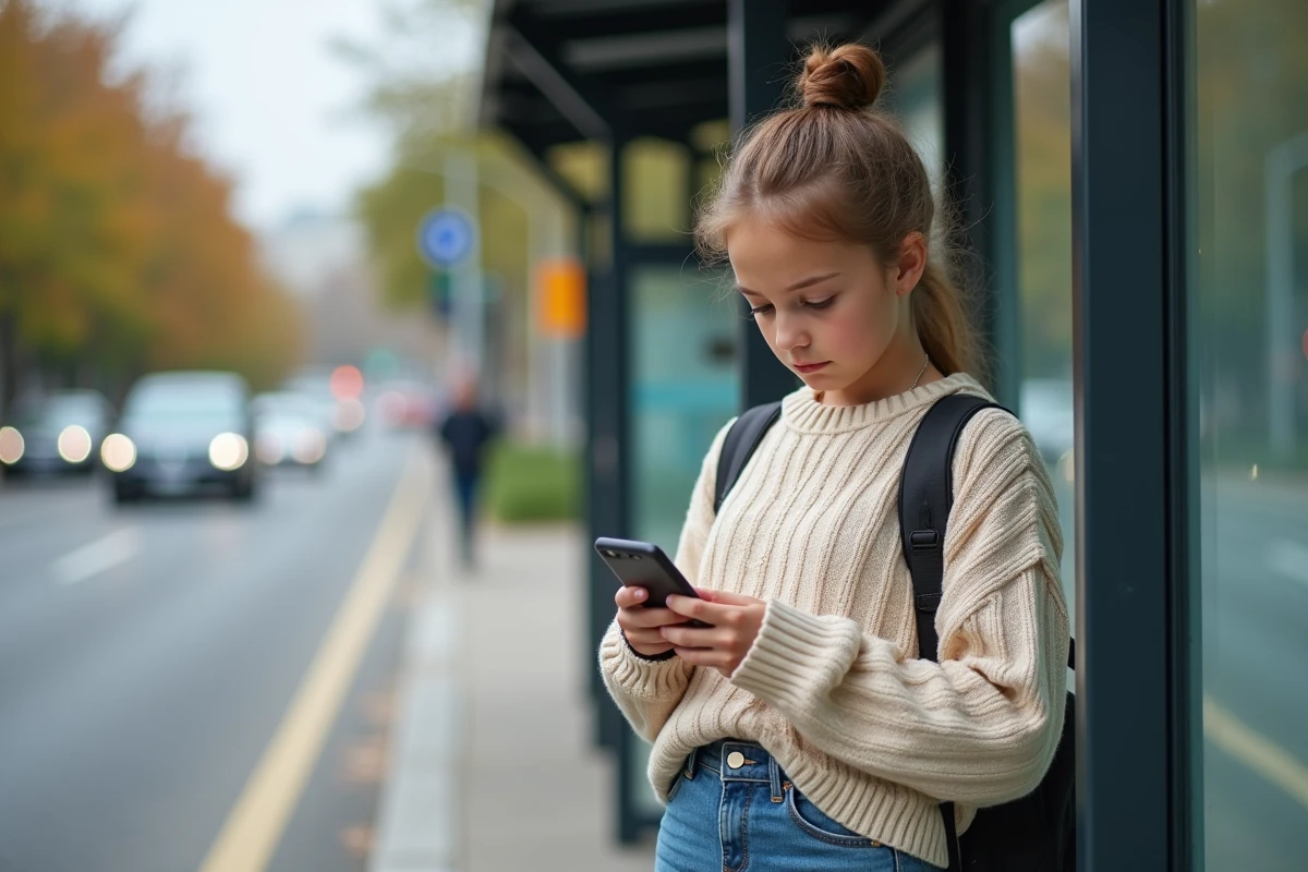 Jeune fille attendant le bus en regardant son smartphone