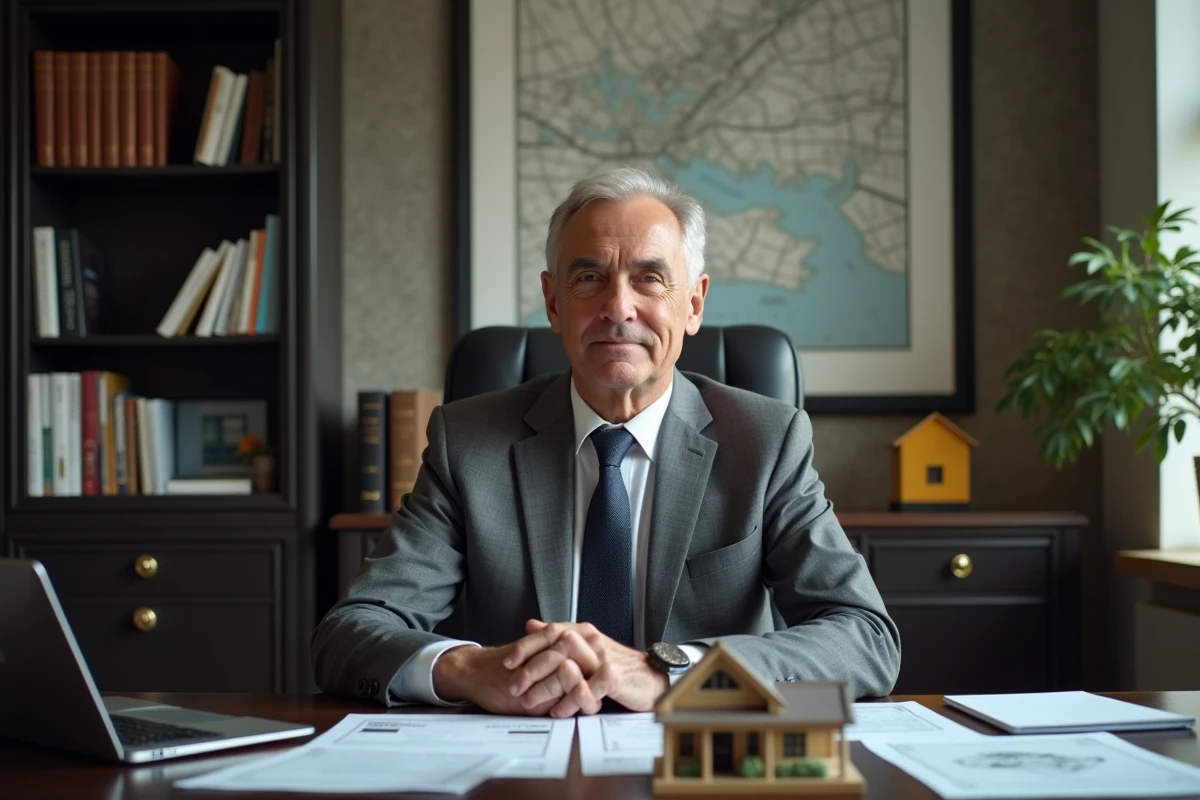 Agent immobilier assis à son bureau avec des annonces et un modèle de maison