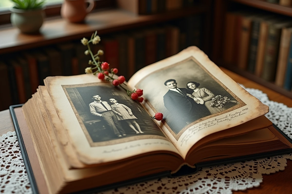 Album photo de famille vintage ouvert sur une table en bois, montrant des générations de portraits en noir et blanc avec des notes manuscrites, évoquant les origines familiales françaises et italiennes
