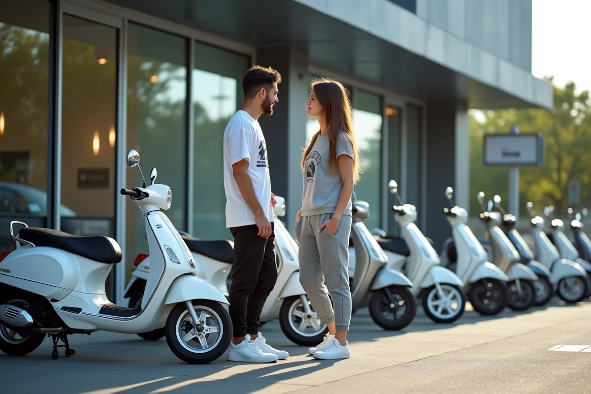 Deux amis comparant des scooters sans permis devant une concession urbaine moderne