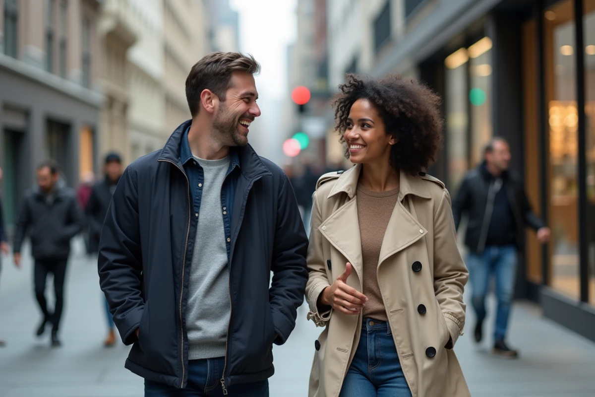 Un homme et une femme amis marchent côte à côte en discutant avec enthousiasme dans une rue animée de la ville
