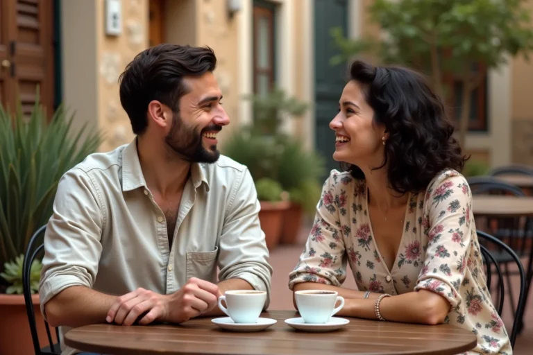 Deux amis, un homme et une femme adultes, partagent un moment de rire autour d'un café en terrasse dans une cour méditerranéenne pittoresque