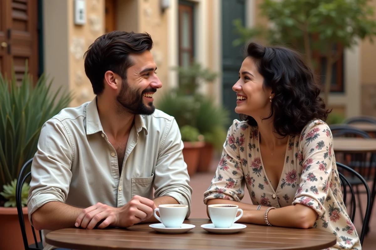 Deux amis, un homme et une femme adultes, partagent un moment de rire autour d'un café en terrasse dans une cour méditerranéenne pittoresque