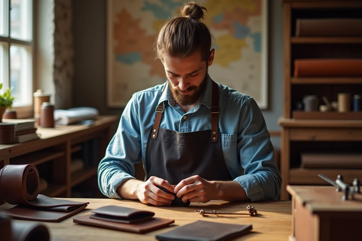 Artisan jeune assemble un portefeuille en cuir dans son atelier