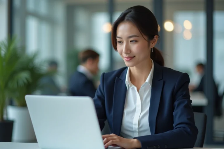 Femme professionnelle se connectant à son espace sécurisé Securitas sur un ordinateur portable dans un bureau moderne