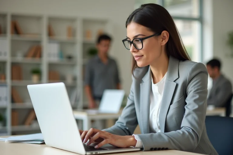 Femme professionnelle se connectant à une interface webmail sur un ordinateur portable dans un bureau moderne à Lyon