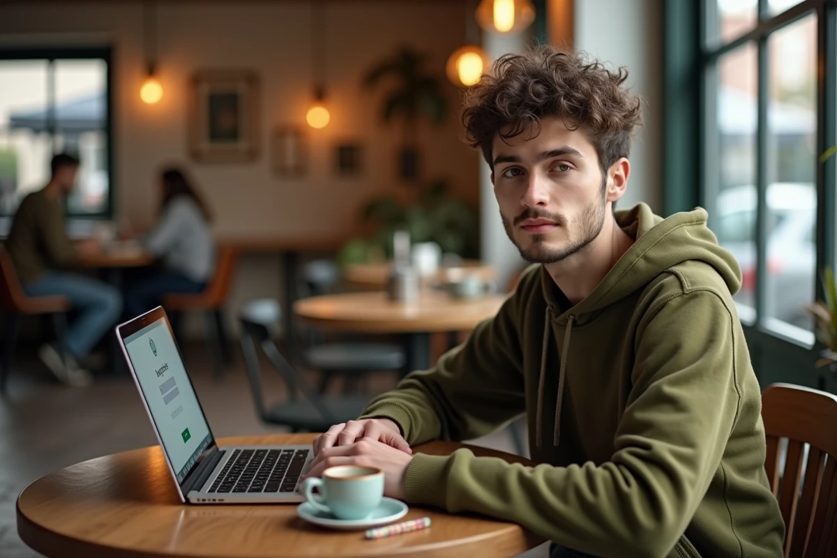 Jeune adulte consultant son webmail sur un ordinateur portable dans un café urbain