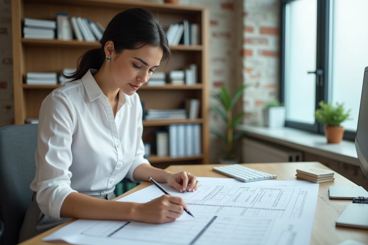 Femme professionnelle convertissant des mesures de terrain en mètres carrés sur un bureau avec des plans cadastraux