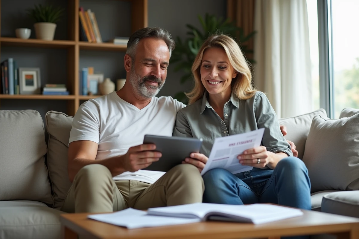 Couple discutant de leur assurance familiale sur un canapé avec des documents et une tablette