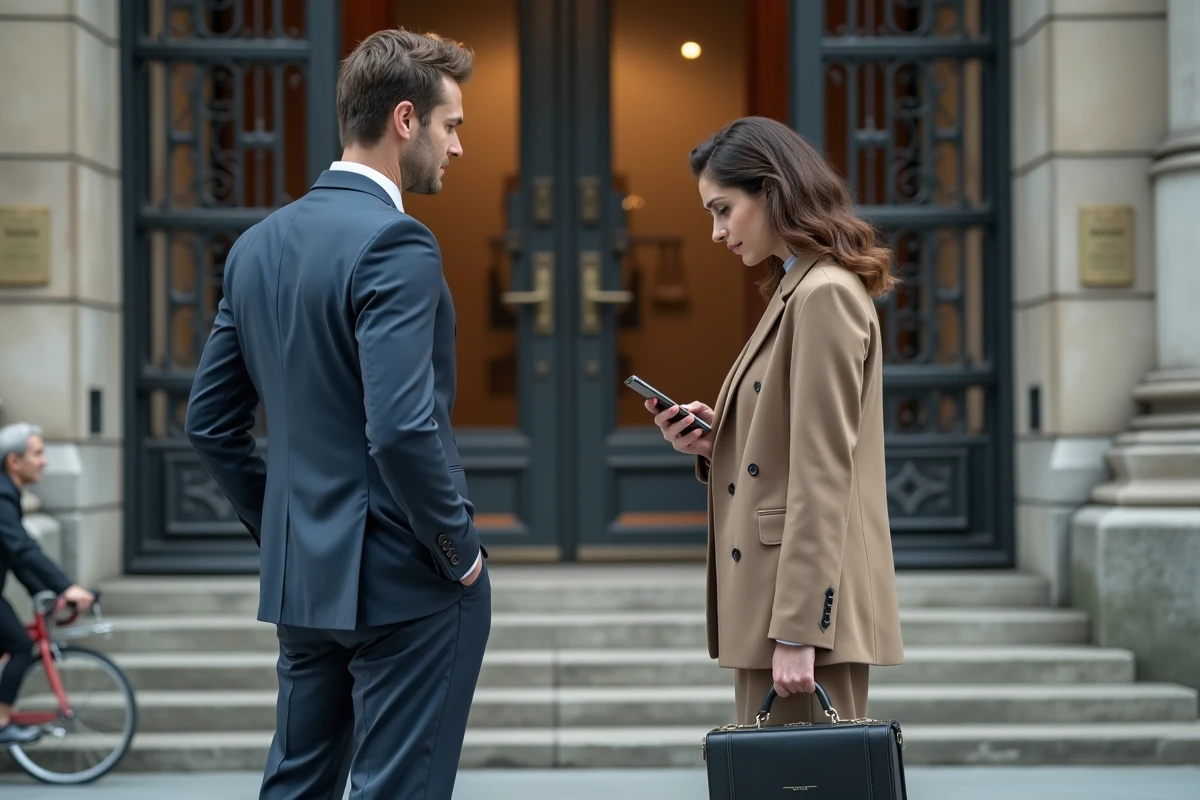 Couple séparé devant un tribunal en ville