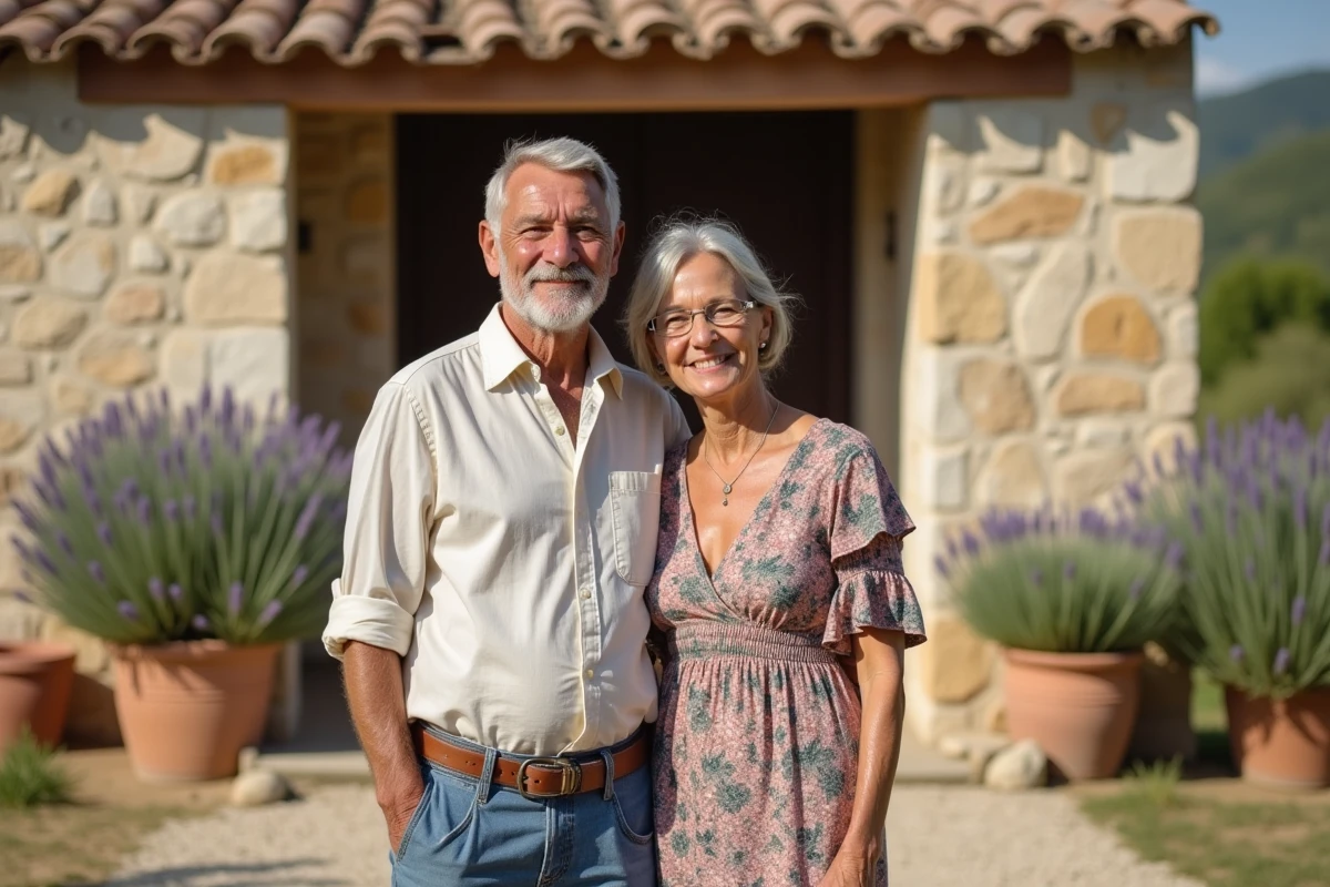 Couple élégant d'origine méditerranéenne posant devant une maison de pierre provençale entourée de champs de lavande, représentant les racines familiales du sud de la France