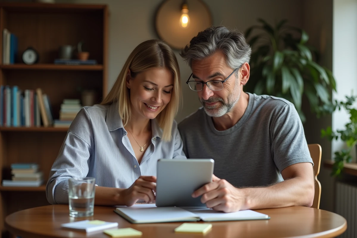 Couple de parents planifiant l'organisation familiale ensemble autour d'un agenda partagé, conseils pratiques vie de famille