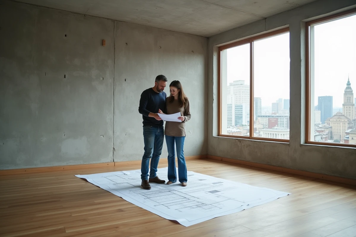 Couple étudiant les plans d'un appartement vide lors d'une visite immobilière