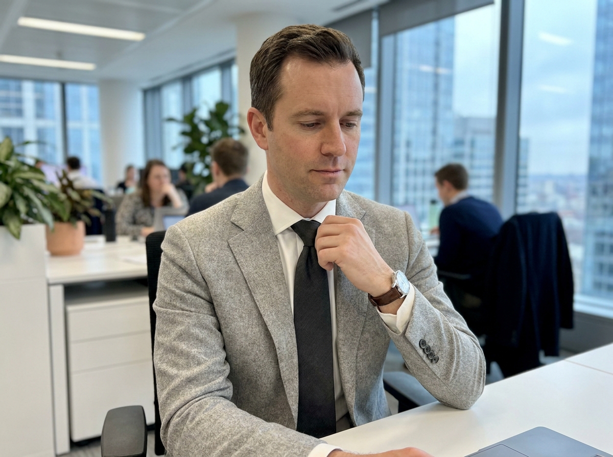 Homme en costume gris ajustant sa cravate fine dans un bureau moderne en open space