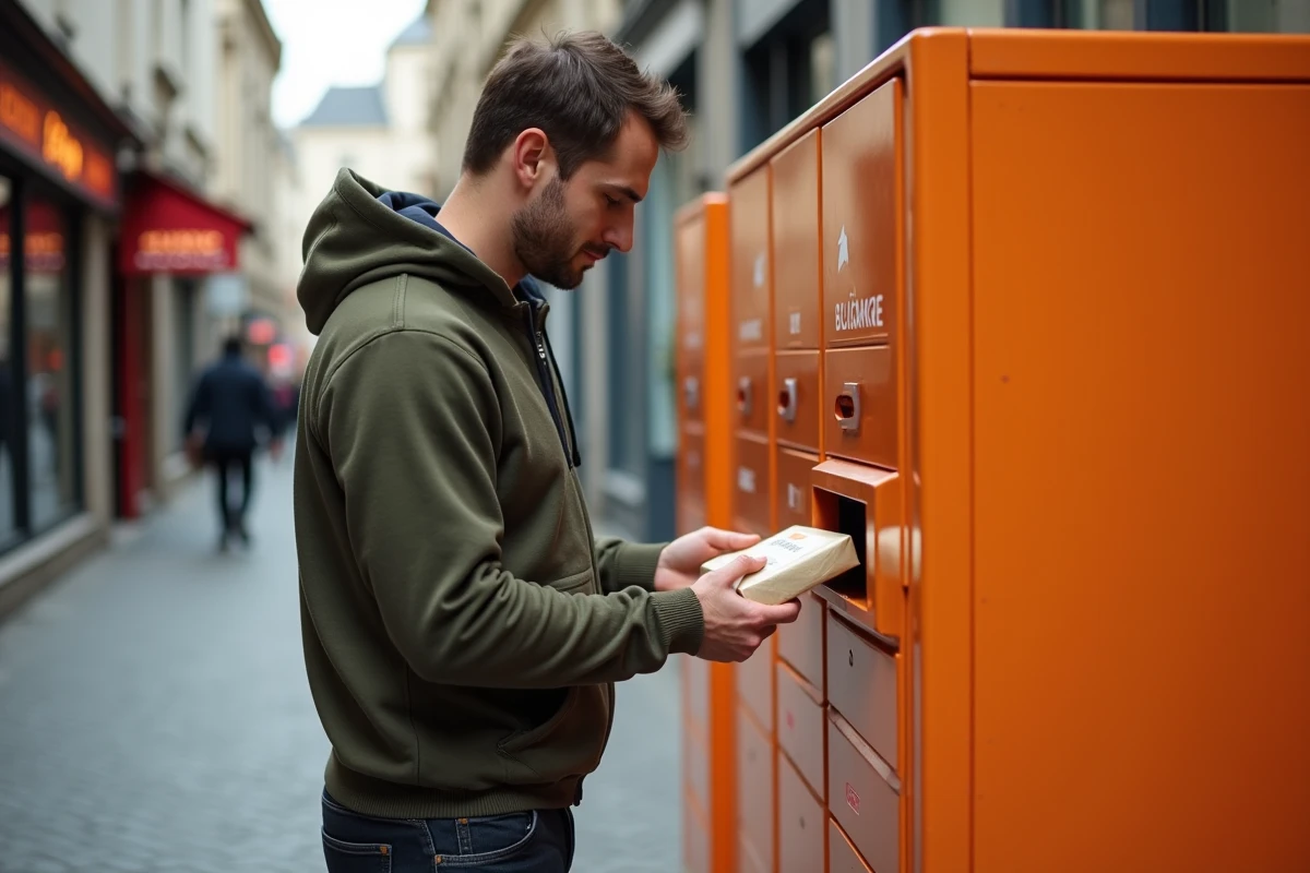 Homme déposant un colis dans un point relais Mondial Relay en ville pour une livraison de vêtements achetés sur Vinted