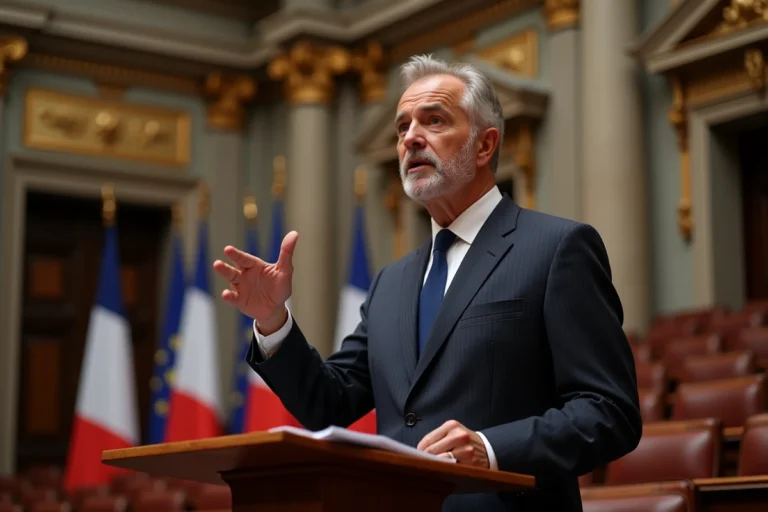 Homme politique français prenant la parole à un pupitre institutionnel dans une salle officielle ornée de drapeaux tricolores