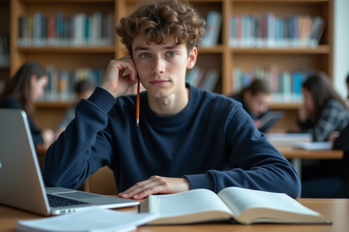 Élève de seconde qui travaille sur son ordinateur portable à la bibliothèque du lycée entouré de ses manuels