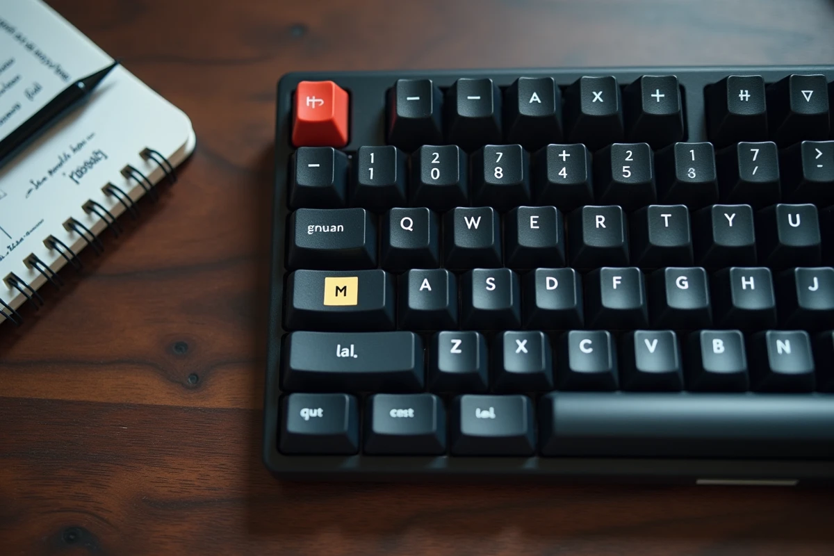 Vue aérienne d'un clavier QWERTY avec la touche M mise en évidence par un repère adhésif