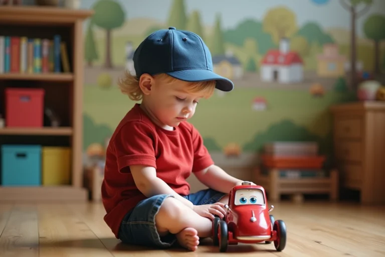 Jeune enfant blond en jouant avec une voiture vintage dans une salle colorée