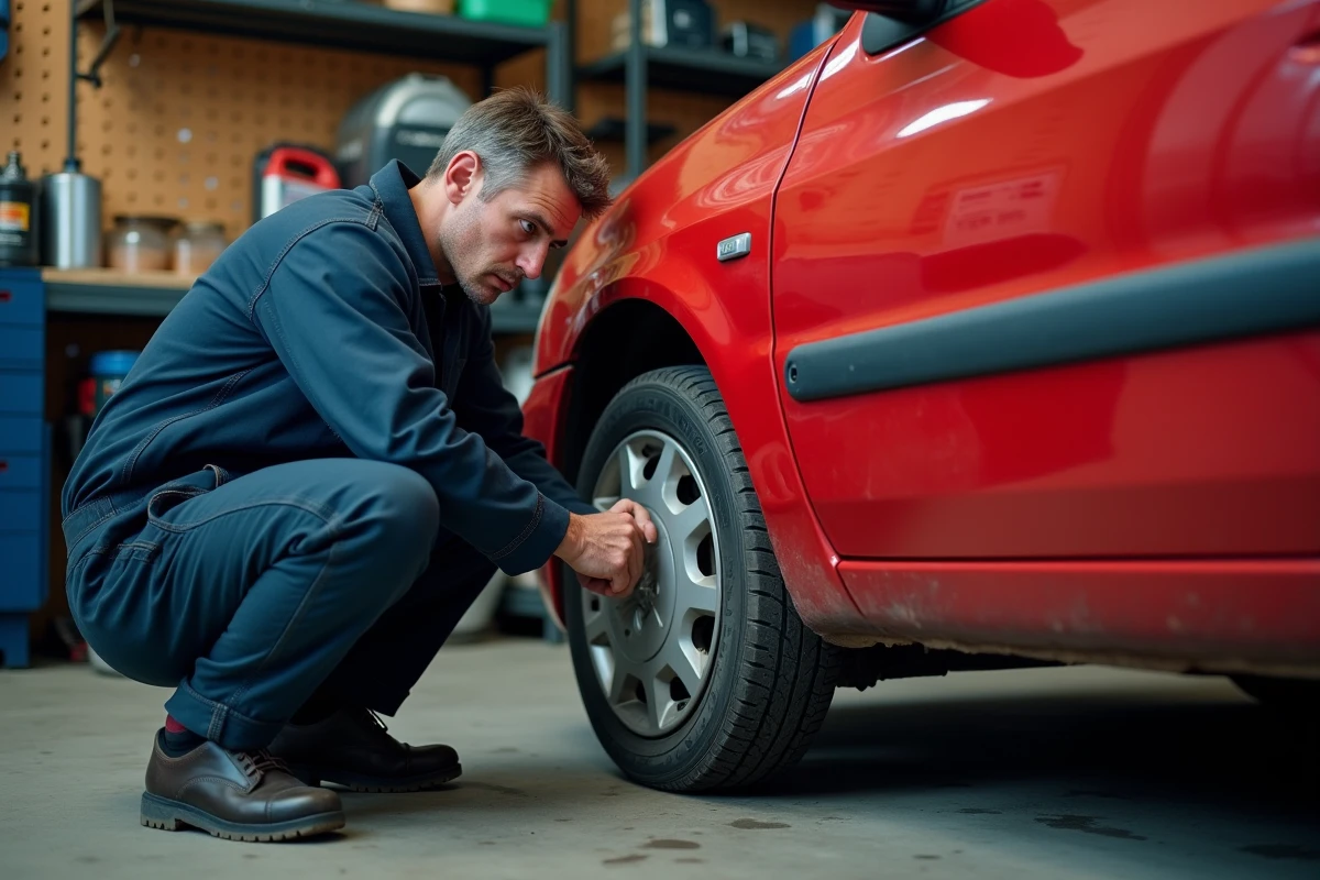 Mécanicien inspectant l'arche de roue d'une Renault Clio 3 Phase 2 rouge dans un garage privé bien organisé