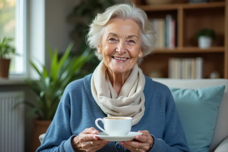 Femme âgée souriante avec tasse de thé dans un salon lumineux