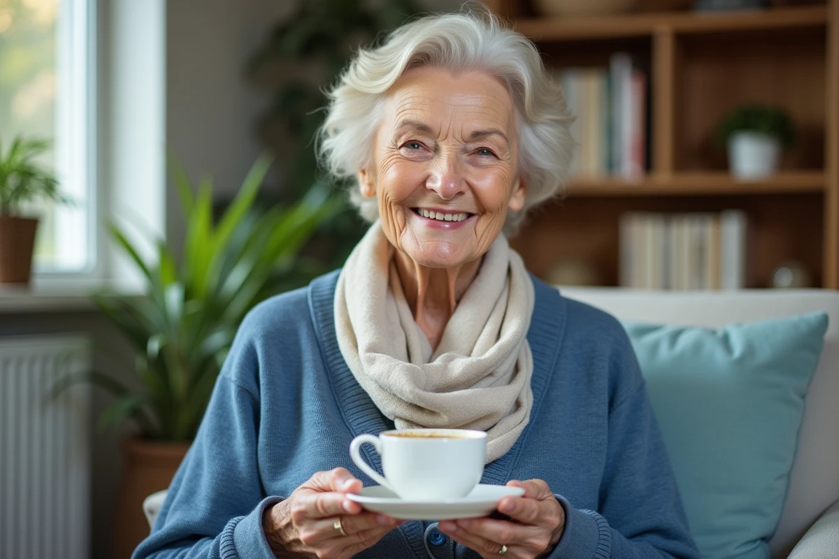 Femme âgée souriante avec tasse de thé dans un salon lumineux