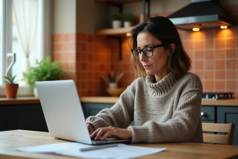 Femme consultant une assurance en ligne sur son ordinateur portable dans une cuisine moderne