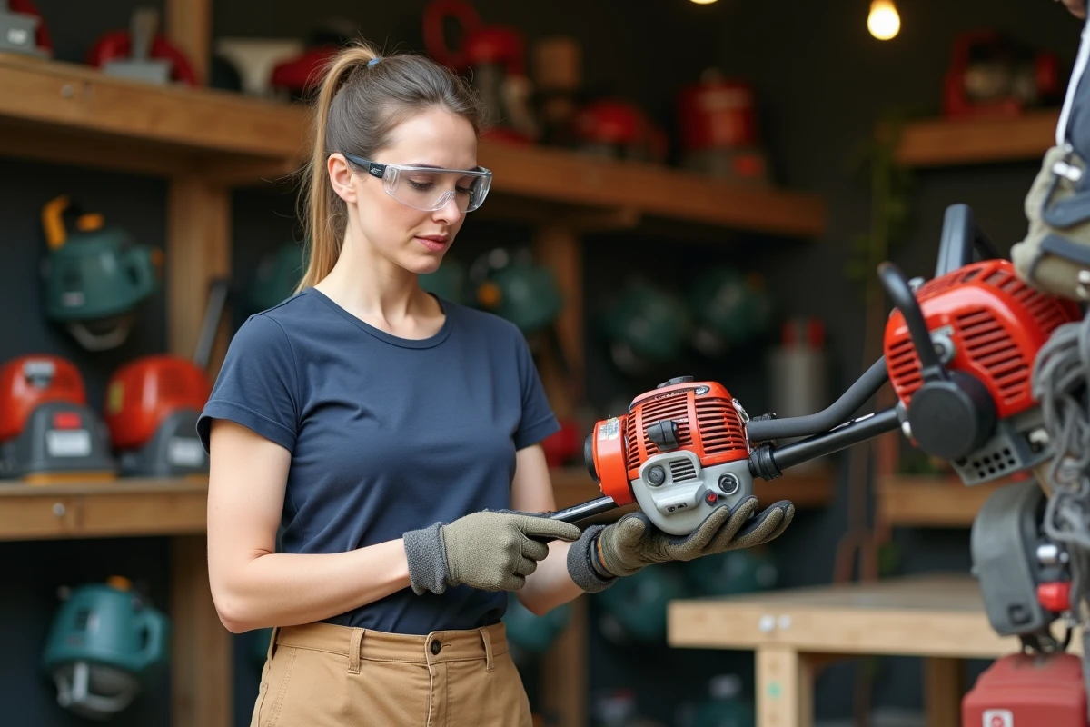Femme comparant deux débroussailleuses thermiques dans un magasin de jardinage
