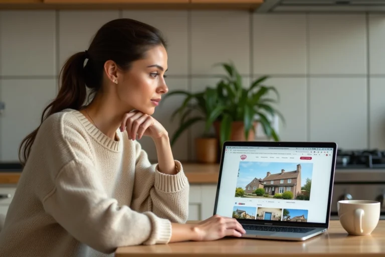 Femme consultant une annonce immobilière gratuite sur PAP depuis son ordinateur portable à la maison