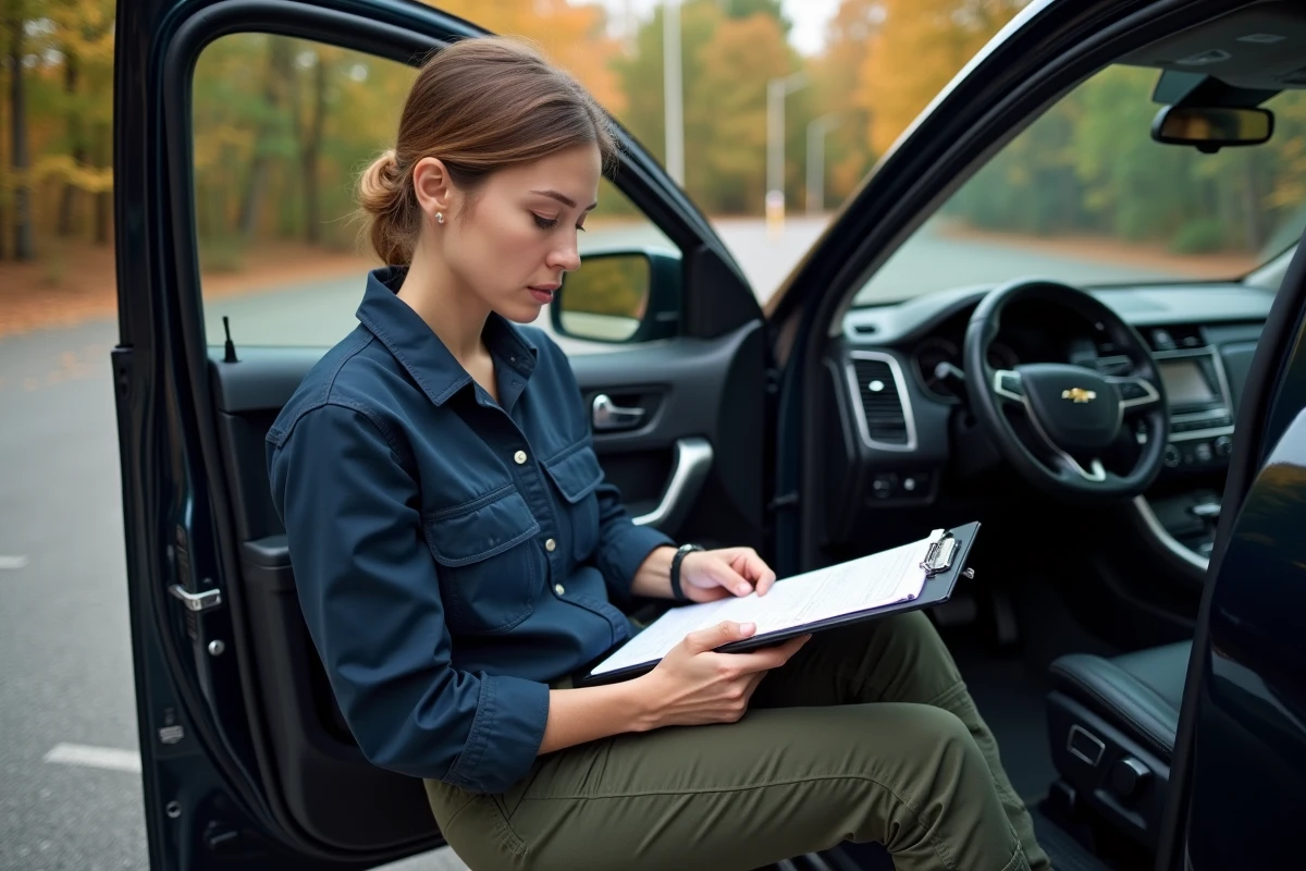 Femme consultant une checklist dans une voiture en forêt