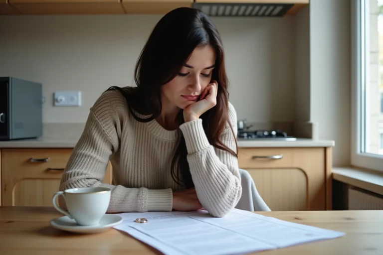 Femme pensant dans une cuisine moderne française
