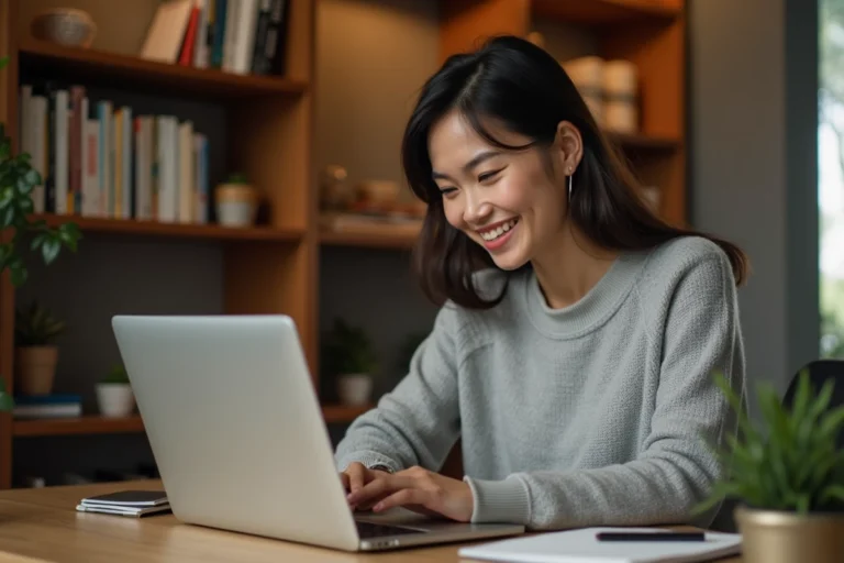 Femme professionnelle suivant une formation en ligne sur son ordinateur portable dans un bureau à domicile moderne