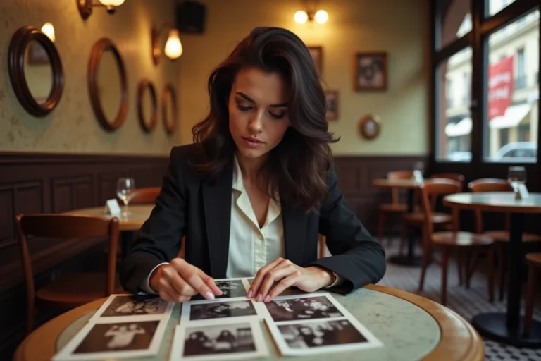 Jeune femme française aux cheveux ondulés foncés regardant de vieilles photos de famille dans un bistro parisien, évoquant la recherche des origines familiales