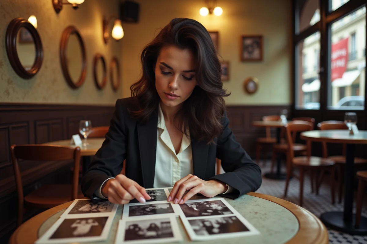 Jeune femme française aux cheveux ondulés foncés regardant de vieilles photos de famille dans un bistro parisien, évoquant la recherche des origines familiales