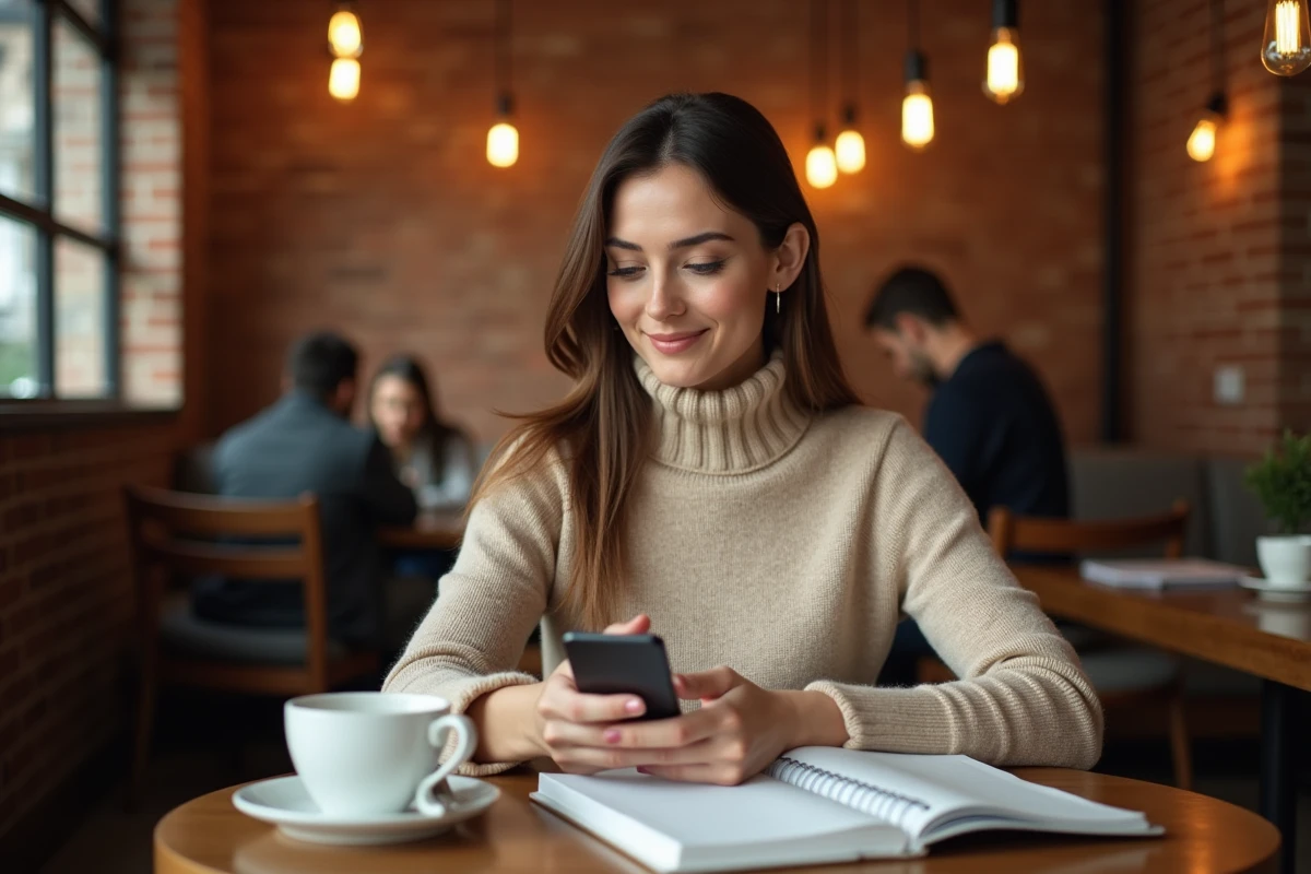 Jeune femme gérant ses rendez-vous professionnels en ligne sur smartphone dans un café urbain avec agenda ouvert