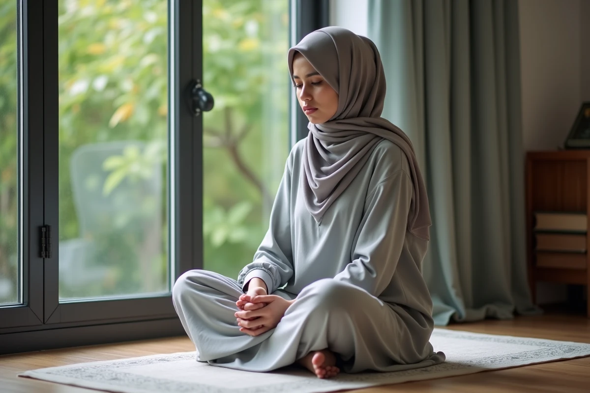 Jeune femme en hijab méditant en prière près d'une fenêtre donnant sur un jardin