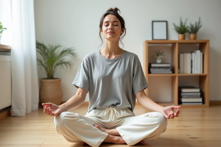 Femme en méditation assise sur un parquet en bois dans un intérieur minimaliste pour reprogrammer son subconscient