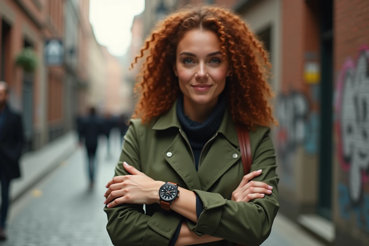 Femme portant une montre vintage à l'envers sur un trottoir urbain en pavés