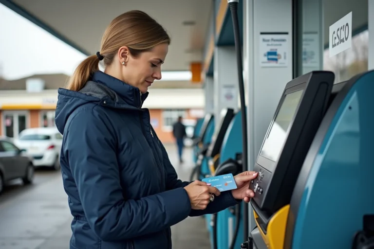 Femme en veste bleue payant avec un chèque vacances à la pompe d'une station service moderne