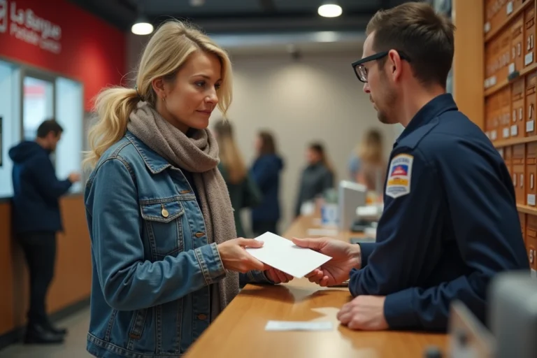 Femme d'âge moyen au bureau de poste remettant une enveloppe