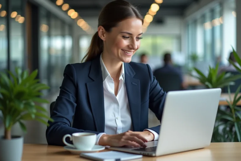 Femme professionnelle gérant ses rendez-vous en ligne depuis un bureau moderne avec un ordinateur portable