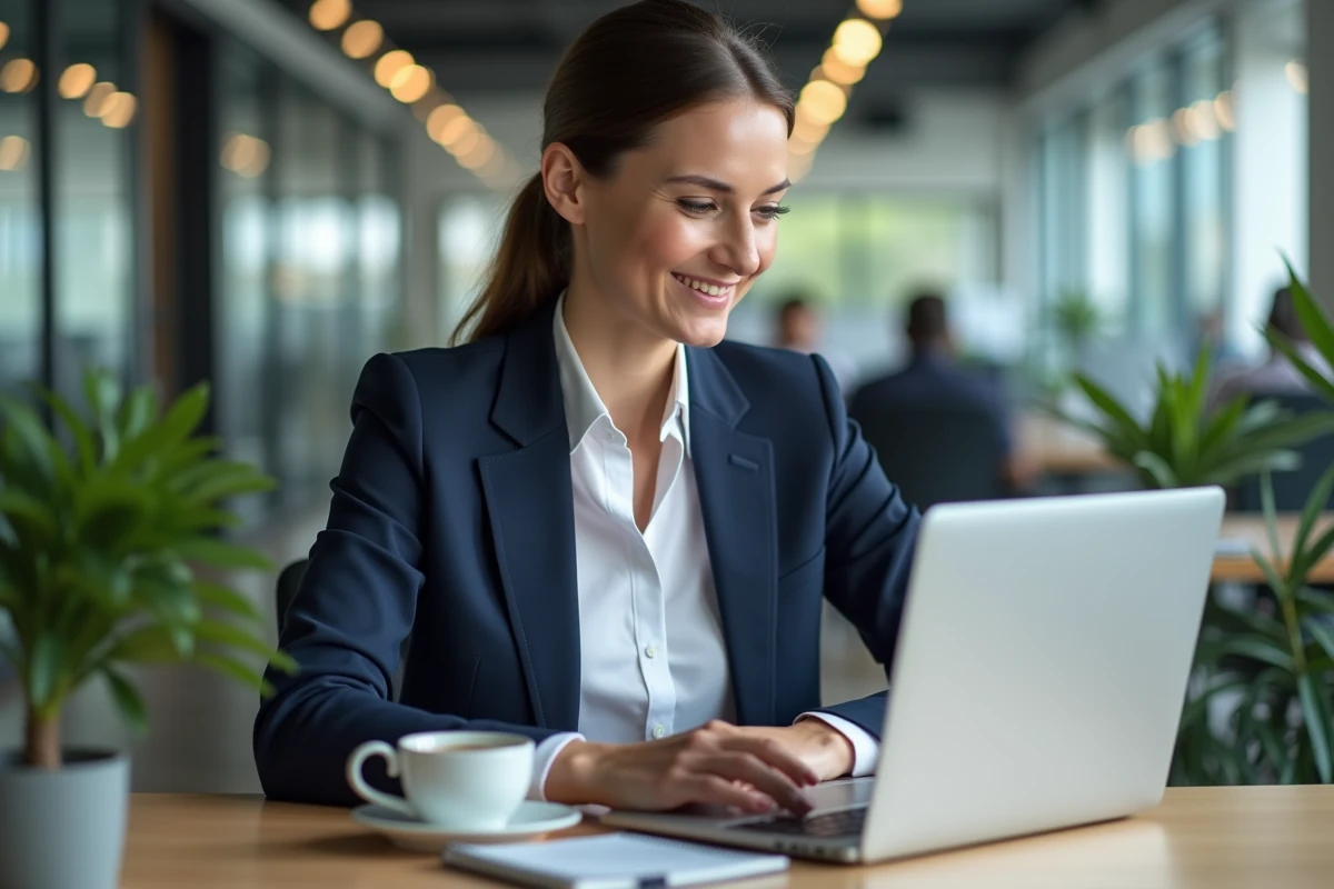 Femme professionnelle gérant ses rendez-vous en ligne depuis un bureau moderne avec un ordinateur portable