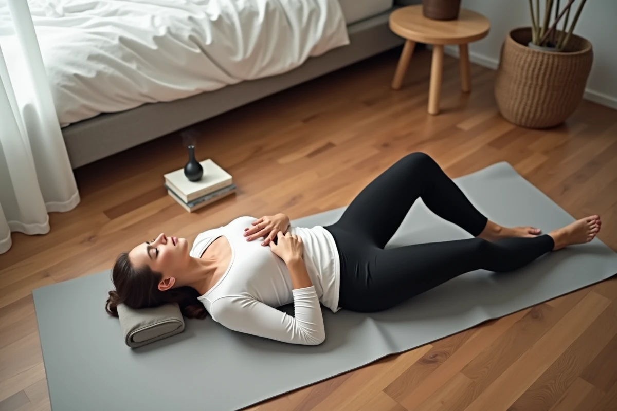 Femme allongée sur un tapis de yoga pratiquant une relaxation profonde pour reprogrammer l'inconscient en 21 jours