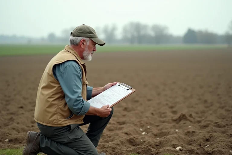 Géomètre expert analysant un document de mesure de superficie en hectares dans un champ agricole