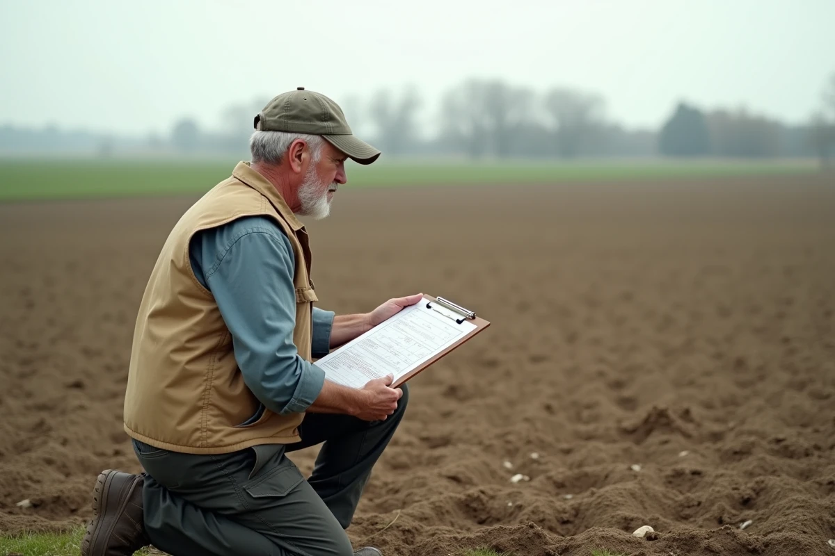 Géomètre expert analysant un document de mesure de superficie en hectares dans un champ agricole