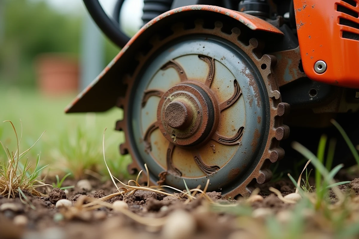 Gros plan sur la tête de coupe d'une débroussailleuse thermique posée sur l'herbe sèche